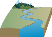 Illustration of river base with mountains and plains