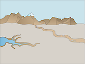 Illustration of desert base with mountains, dry creek and lake