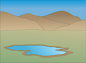 Illustration of plain base with mountains and lake