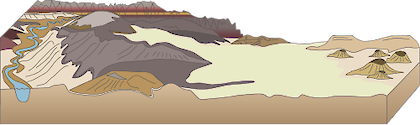 Illustration of mountain range with river canyon, mesas, craters, and sand plain
