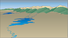 Illustration of mountain range with plain, rivers, and lakes