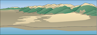 Illustration of mountain range with plain and water table in Great Sand Dunes National Park and Preserve in Colorado, USA
