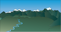 Illustration of mountain range with foothills and stream