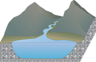 Illustration of mountains with high gradient stream to basalt lake
