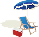 Illustration of sunbathing chair, umbrella, and cooler