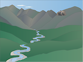 Illustration of mountains with rocky outcrops and stream.