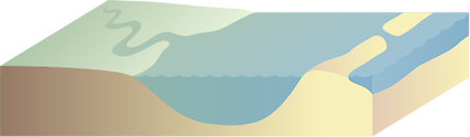 Illustration of a 3D coastline with barrier island and lagoon system