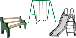 Illustration of a playground with swing set, slide, and park bench