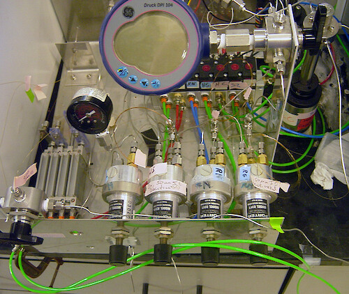 Isotope ratio mass spectrometer. The tubing allows different gases to flow in and out of the mass spectrometer to meausure gas chemistry and isotope ratios