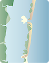 Illustration of a barrier island coast with microtidal, wave-dominated energy. The morphology shows an flood-tidal delta, recurved spit, washover fans, 