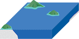 Illustration of volcanic islands with reefs.
