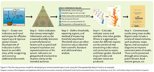Environmental report cards synthesize and communicate large amounts of data to a broad audience. They can be used as a way to catalyze improvements in ecosystem health, guide restoration efforts, resolve transboundary differences, develop new environmental insights, create new indicators and metrics, justify monitoring efforts, accelerate data analyses, and stimulate relevant research.