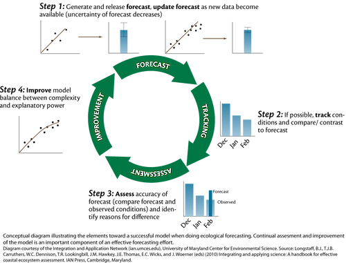 Conceptual diagram illustrating the the continual steps in creating an ecological forecast (forecasting, tracking, assessment, and improvement).