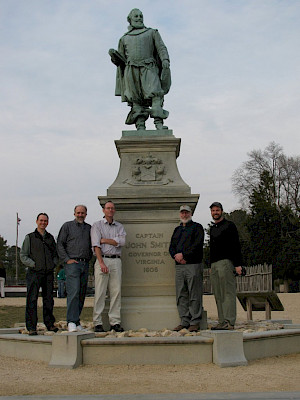 Dennis Skidds, Bill Dennison, Tim Carruthers, Charley Roman, and Todd Lookingbill at the statue of Captain John Smith at Jamestown