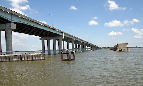 The Choptank River Bridge, and the Bill Burton Fishing Pier, over looking the choptank river in Cambridge, Maryland