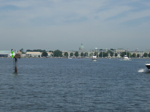 Skyline of the Naval Academy in Annapolis, Maryland, photographed from the mouth of the Severn River.
