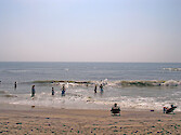 Tourists swimming and sitting beachside on the ocean-side beach of Assateague Island, Maryland
