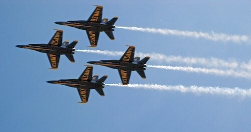 The U.S. navy's flight demonstration squad, performing a flyover                              