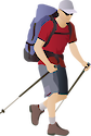 Illustration of a hiker with an overnight pack and trekking poles.