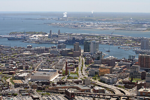 Baltimore Maryland, Inner Harbor (foreground) and Middle Branch of the Patapsco River (background)