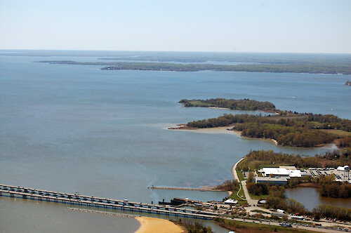 Chesapeake Bay Bridge in the foreground and Whitehall Creek in the background.