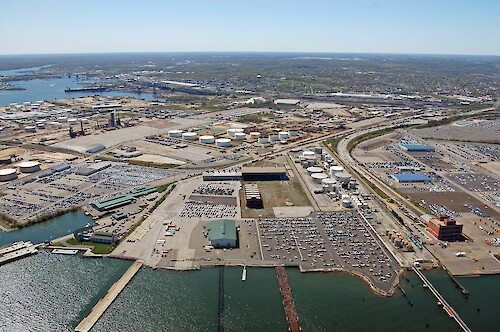 Industrial storage area and Baltimore Harbor Tunnel on the right.