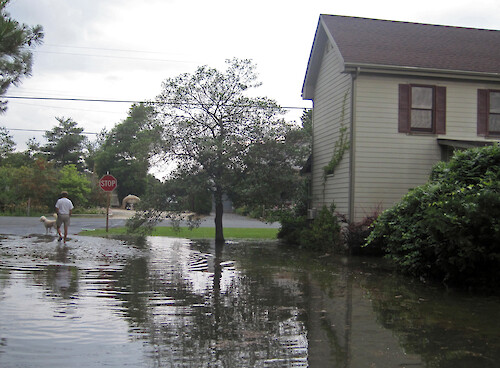 Even without a storm present, a full-moon high tide and the low Eastern Shore of Maryland can combine to flood roads, utilities, and waterfront properties.