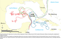 Map of the results of a March 2006 study. Each color is a surface drifter which was deployed just east of the Yucatan Peninsula in Mexico. The general currents of the area are displayed on this map.
