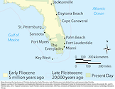 Map of the land area of Florida during the Early Pliocene, Late Pleistocene (red dotted line), and present-day Florida.