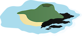 A generic volcanic island with crater, lava flows, beach, and reef, that you can add to any diagram.