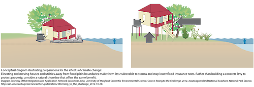 Conceptual diagram illustrating preparations for the effects of climate change: Elevating and moving houses and utilities away from flood plain boundaries make them less vulnerable to storms and may lower flood insurance rates. Rather than building a concrete levy to protect property, consider a natural shoreline that offers the same benefit.