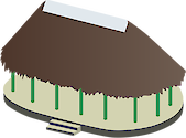 Illustration of a traditional Samoan fale, with the round/oval shape, and wooden poles holding up a domed thatched roof. The metal top-piece is a modern addition.