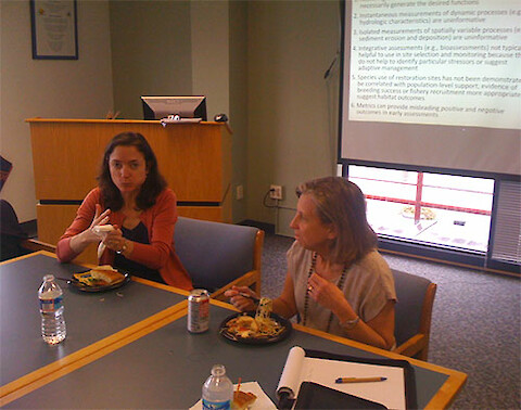 Margaret Palmer and Lisa Wainger during the post seminar discussion.