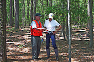 Chesapeake Watershed Forester and landowner consult in the forest, in Maryland.