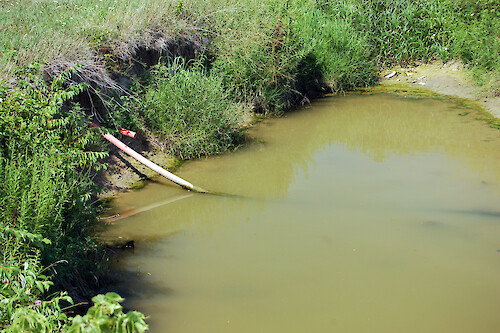 The pipes seen in this photo are called tiling. They help drain excess water from farm fields to the creek. Ohio.