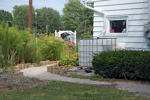 A rain garden and rain barrel at an environmental center near Old Woman Creek. Ohio.