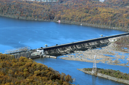 Conowingo Dam is the last Dam on the Susquehanna River before it empties into the Upper Chesapeake Bay. This is a series of photos taken on an overflight of the Dam and surrounding sites during mid-November, 2015. Conowingo Dam photo 1