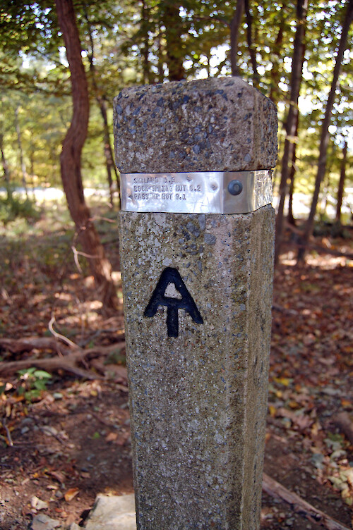 Trail markers like this designate the Appalachian trail which makes up some of the trails in Shenandoah National Park. Shenandoah National Park, VA.