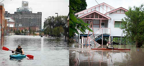 Residents paddling the streets in Baltimore during Hurricane Isabel (Credit: Mike Memoli/The Greyhound (Loyola College-Maryland)) and in Brisbane during the 2011 floods (Credit: Paul Harris).