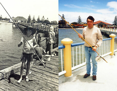 Allan Sutherland on the Redcliffe pier as a boy and thirty years later