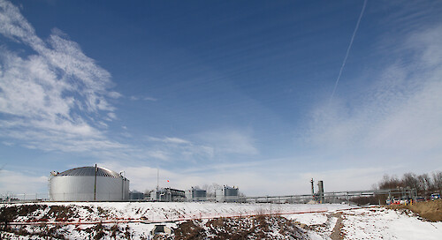 View of a fractionation plant in Cadiz, OH. A home can be seen on the right side of the image to give prospective of how close the facility is to a neighborhood.
