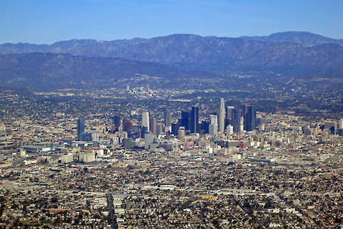 Aerial view of the skyline of the City of Los Angeles (LA).