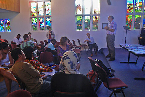 Bill Dennison and International WaterCentre students in Cromwell College chapel, University of Queensland