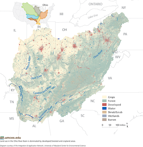 A map shows that land use in the Ohio River Basin is dominated by developed, forested and cropland areas. Diagram from 