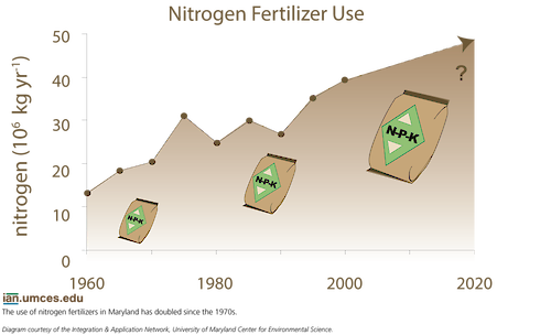 A graph illustrates the issue that the use of nitrogen fertilizers in Maryland has more than doubled since 1970. 