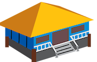 An above view of the square blue house, shows two of the structures walls and three side of the yellow pyramid roof. The house is elevated on stilts and has a set of stairs that lead up to the front entrance. 