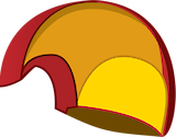 A side view of a three dimensional headdress colored yellow, red, and orange.