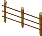A wooden fence is depicted from raised side view. The fence is made out of brown logs and has large gaps in the fence slates.