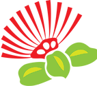 A stylized Hi'a Lehua flower shows the green leaves and base and long, upward reaching red petals.
