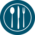 A blue spoon, knife and fork displayed on a circular gray background is representative of food. 